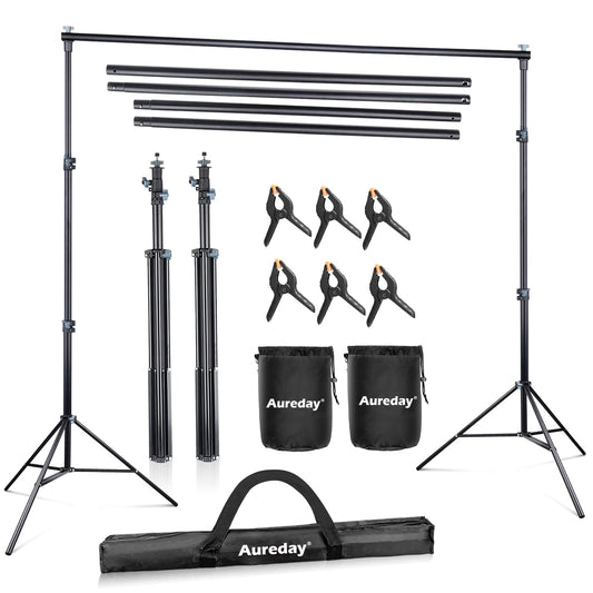 Aureday Backdrop Stand, 10x8.5ft Adjustable Photo Backdrop Stand for Parties, Heavy Duty Background Stand with Travel Bag, 6 Backdrop Clamps, 4 Crossbars, 2 Sandbags for Wedding/Decorations/Photoshoot